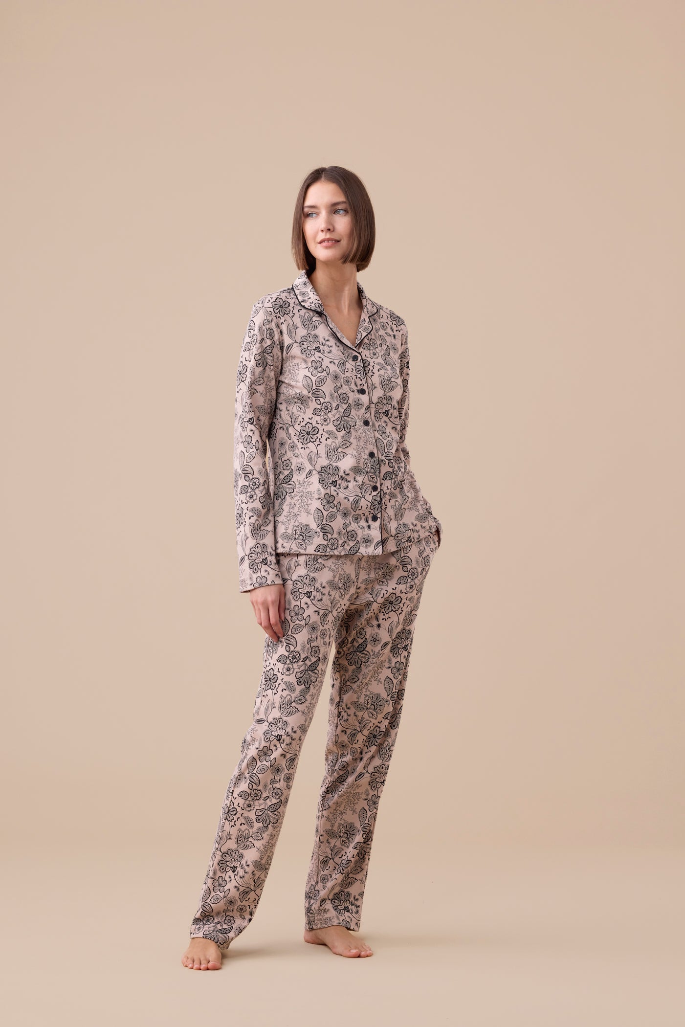 Pigiama Donna Caldo Cotone Fiori Abbigliamento noidinotte XS Beige