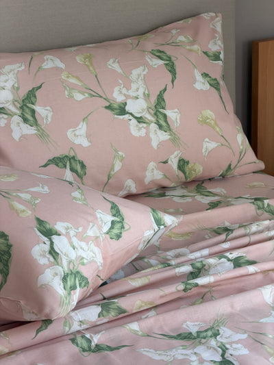 Completo Lenzuola Cotone Stampato CALLA Letto Cotonissimo Matrimoniale Rosa