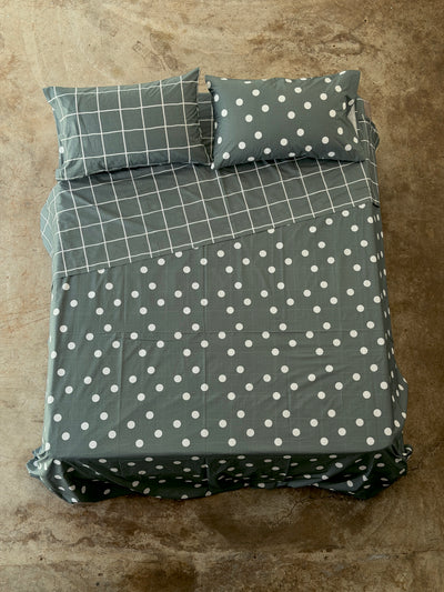 Completo Lenzuola Copriletto Pois-Quadri EASY Letto Moreali Tessile Casa Matrimoniale Verde