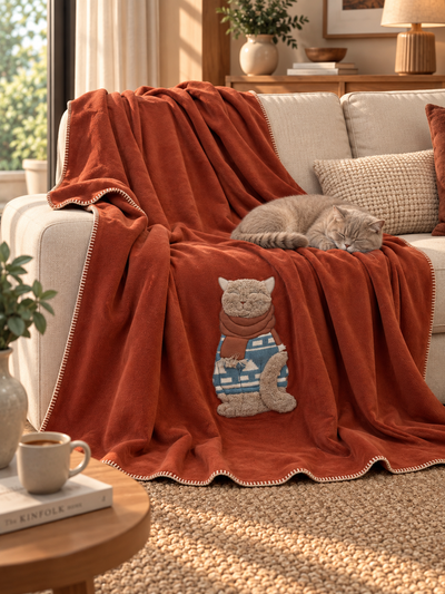 Plaid Pile Battuto Ricamato GATTO CON SCIARPA Soggiorno Maryplaid 160 x 180 Ruggine