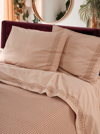 Parure Lenzuola Cotone No-Stiro PIZZO CROCHET Letto Moreali Tessile Casa Matrimoniale 250 x 295 Fard