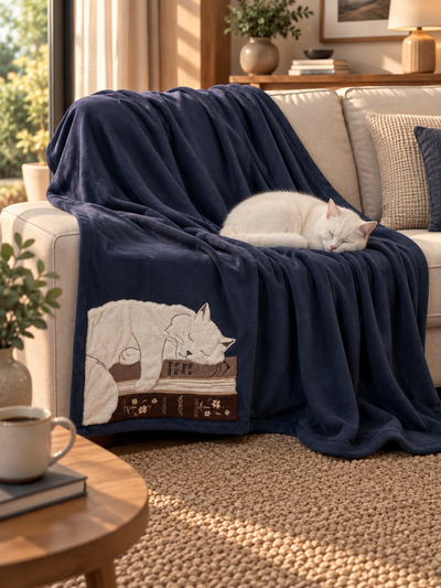 Plaid Pile Battuto Ricamato GATTO CHE DORME Soggiorno Maryplaid 160 x 180 Denim