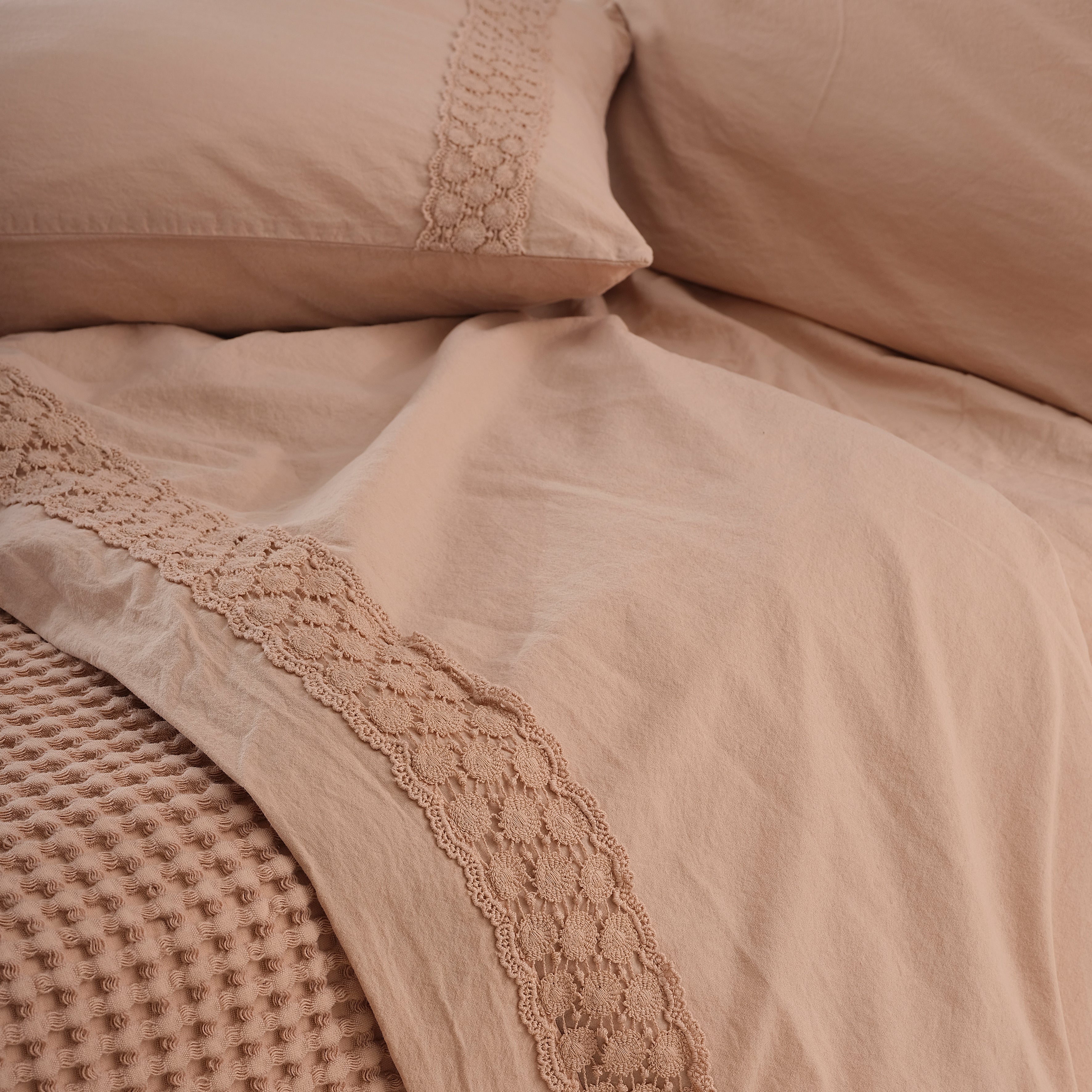 Parure Lenzuola Cotone No-Stiro PIZZO CROCHET Letto Moreali Tessile Casa