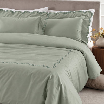Parure Copripiumino Percalle Ricamato Hotellerie - MERLETTO Letto Moreali Tessile Casa Matrimoniale Salvia/Verde