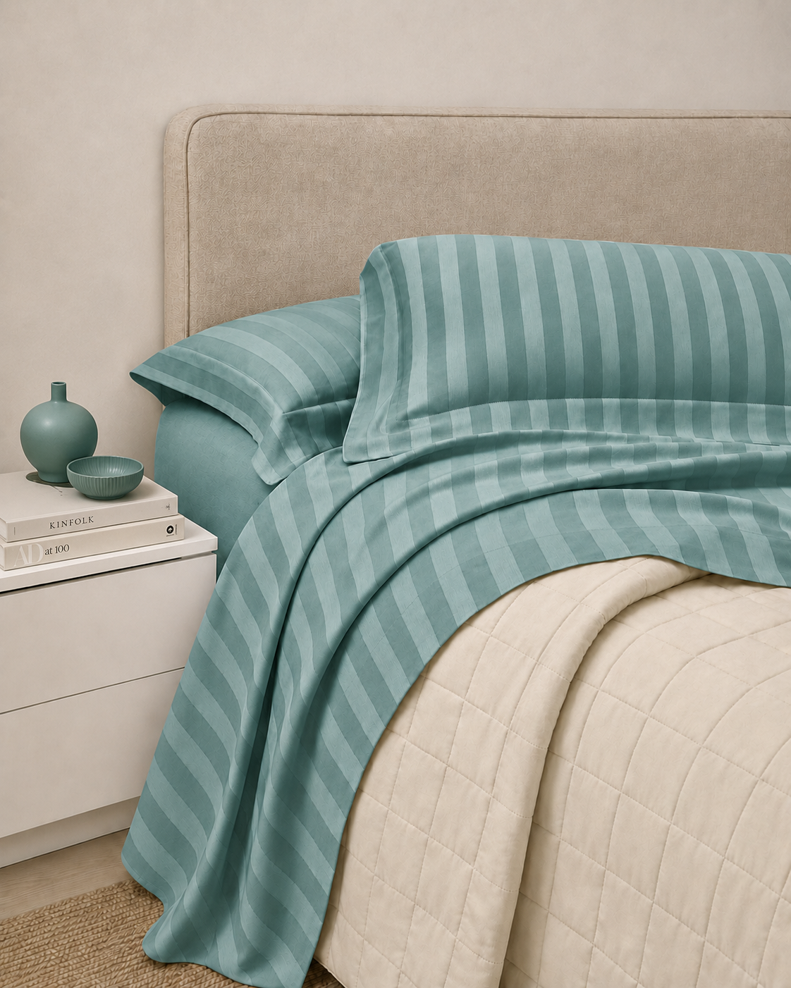 Completo Lenzuola Riga Raso Cotone HOTELLERIE Letto Moreali Tessile Casa Matrimoniale Ottanio Polvere