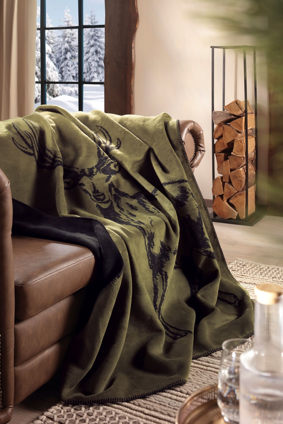 Plaid Reversibile in Caldo Cotone DEER GREEN Soggiorno Borbo 150 x 200 Verde