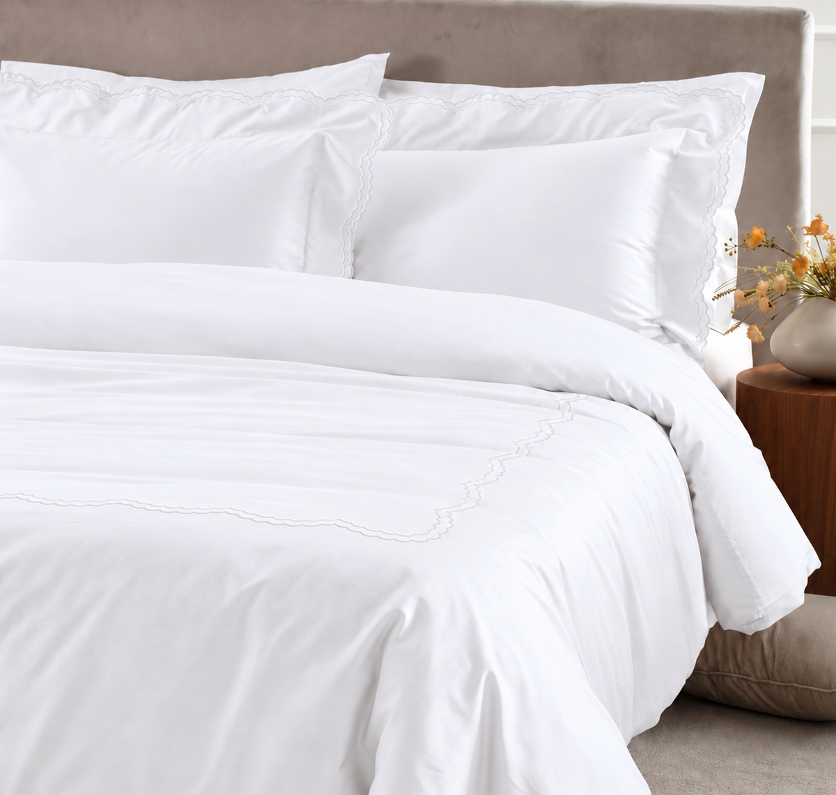 Parure Copripiumino Percalle Ricamato Hotellerie - MERLETTO Letto Moreali Tessile Casa Matrimoniale Bianco/Bianco