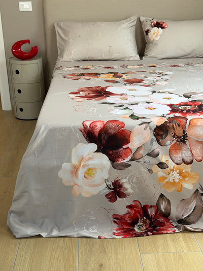 Parure Lenzuola Copriletto Raso 300TC FIORI SUL LETTO - VITTORIA Letto Moreali Tessile Casa Matrimoniale Lino