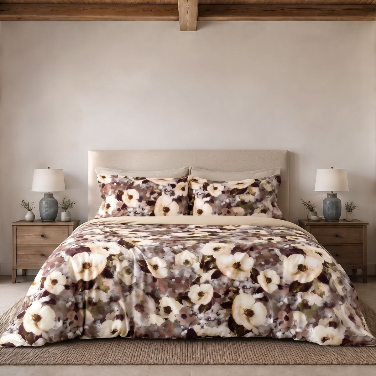Parure Copripiumino Percalle Stampa Digitale EIRA Letto Riviera Matrimoniale Beige Nocciola