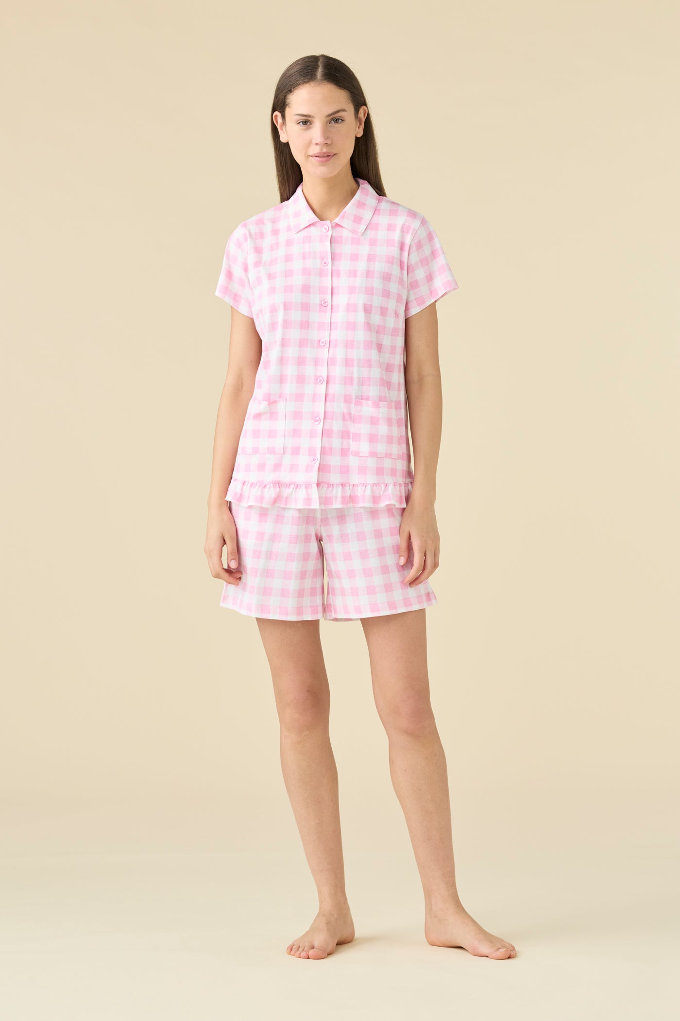 Pigiama Corto Donna Cotone Vichy Abbigliamento Moreali Tessile Casa XS Rosa