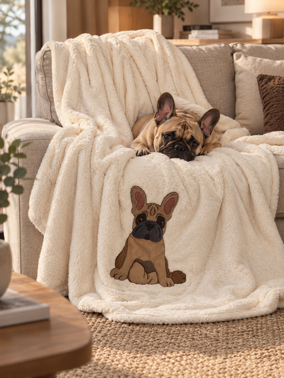 Plaid Pile Coccola Ricamato BULLDOG FRANCESE Soggiorno Maryplaid 150 x 180 Panna
