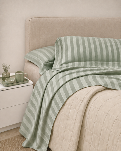 Completo Lenzuola Riga Raso Cotone HOTELLERIE Letto Moreali Tessile Casa Matrimoniale Verde
