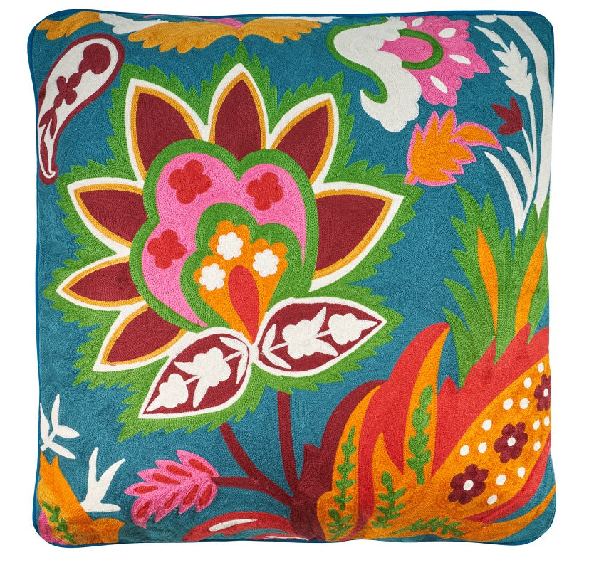 Cuscino Arredo 100% Cotone Ricamato PETROL GARDEN Soggiorno Moreali Tessile Casa 50 x 50 Multicolor