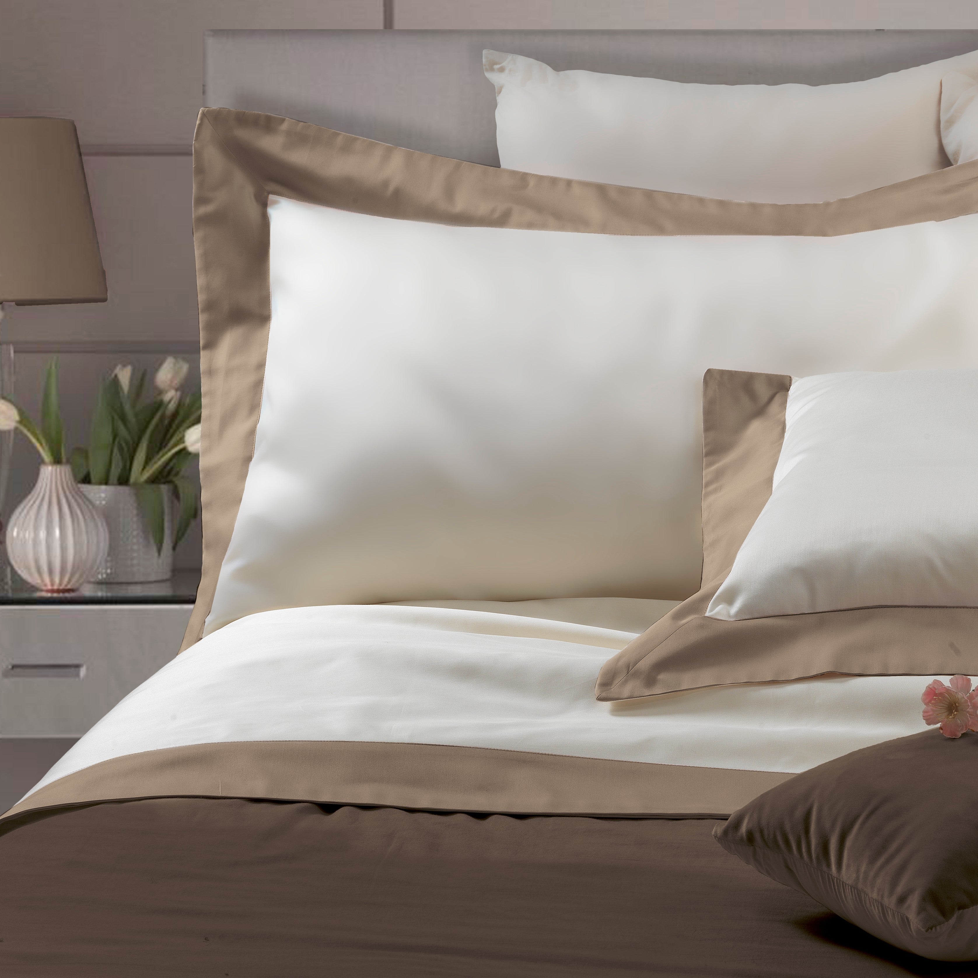 Parure Lenzuola Bordo Raso Luxury Letto Moreali Tessile Casa Matrimoniale Tortora