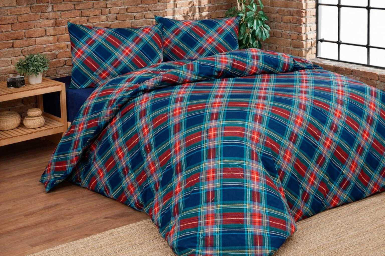 POPUP Parure Copripiumino Double Cotone Stampato TARTAN Letto Daunex Matrimoniale Blu