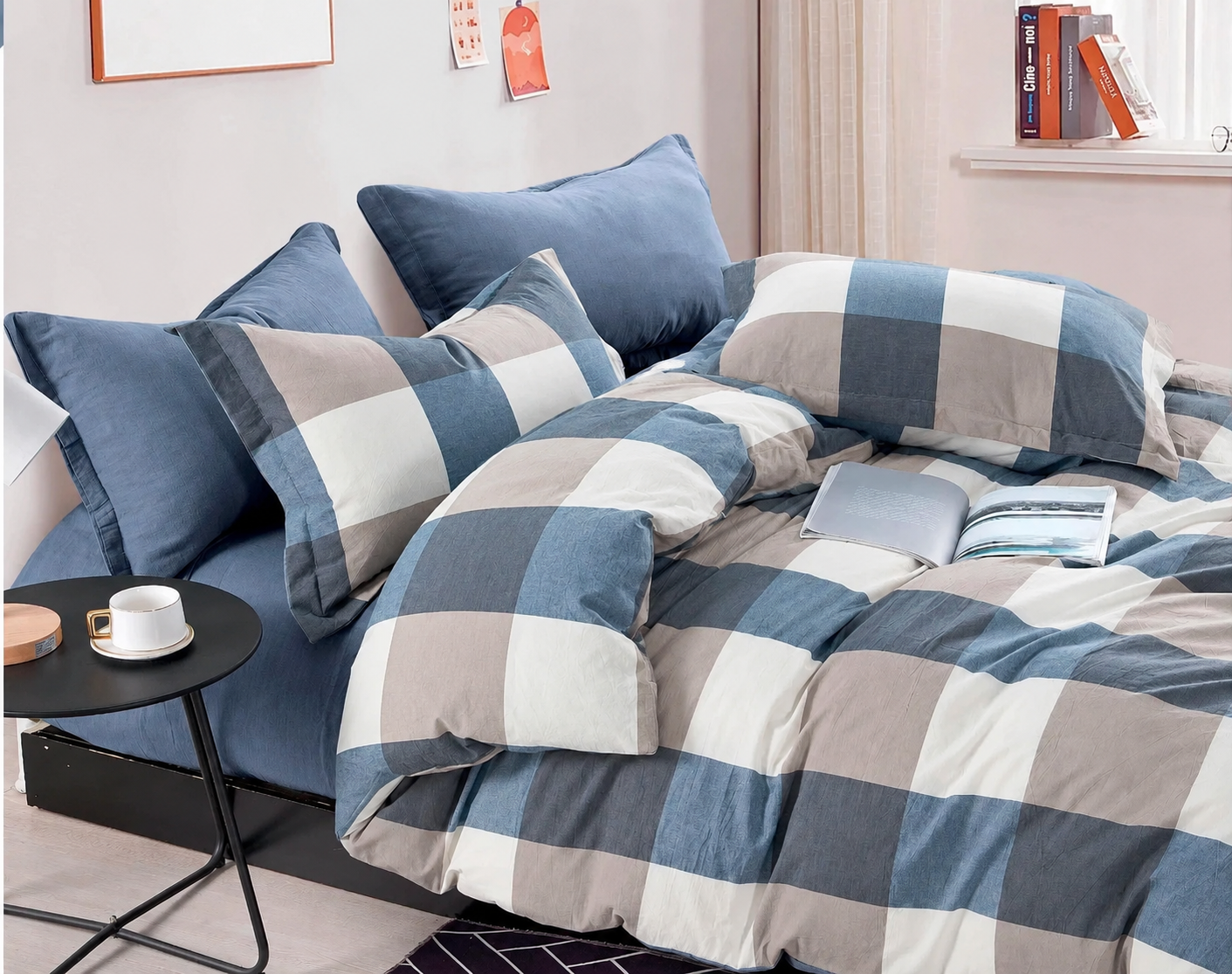 Parure Copripiumino Tinto Filo BLUE SQUARES Letto Ferrari Matrimoniale Denim