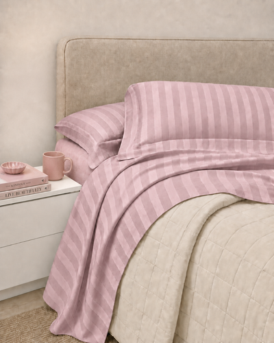 Completo Lenzuola Riga Raso Cotone HOTELLERIE Letto Moreali Tessile Casa Matrimoniale Rosa