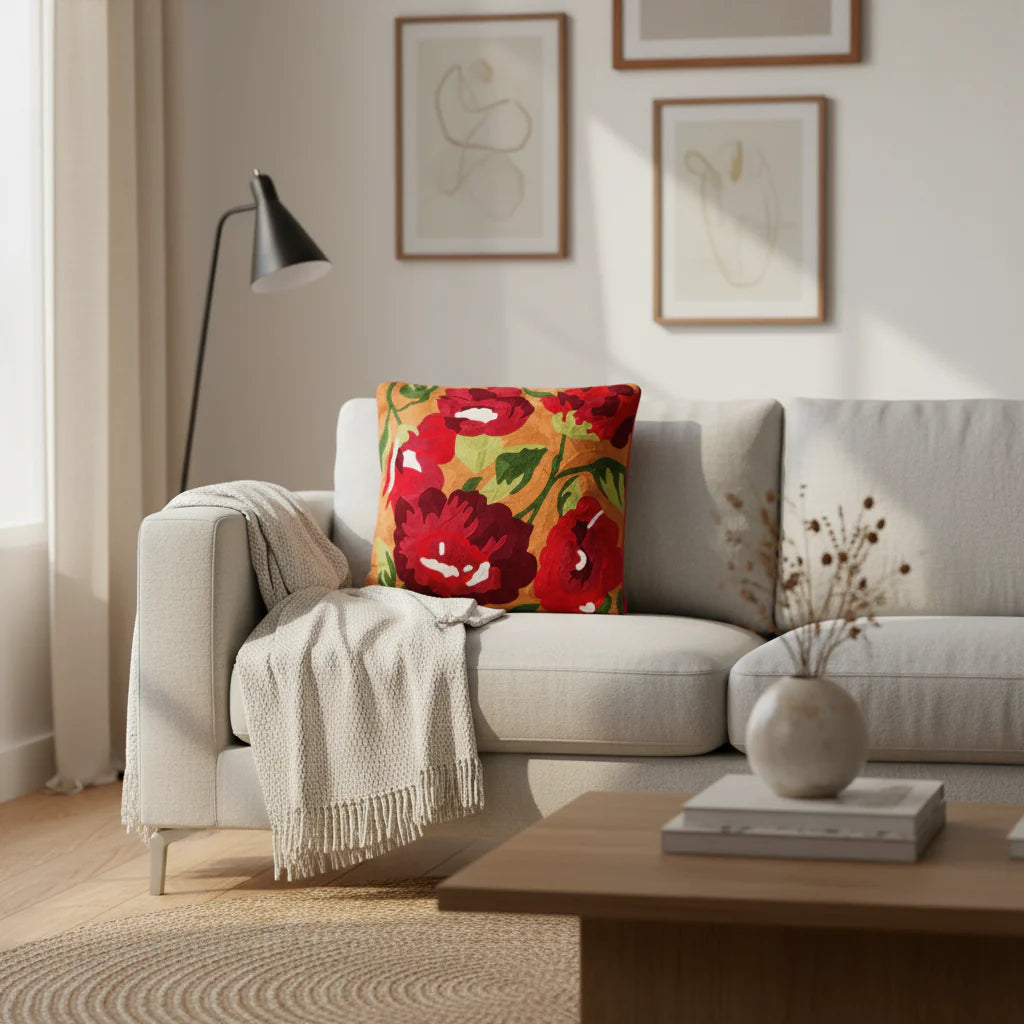 Cuscino Arredo 100% Cotone Ricamato RED GARDEN Soggiorno Moreali Tessile Casa