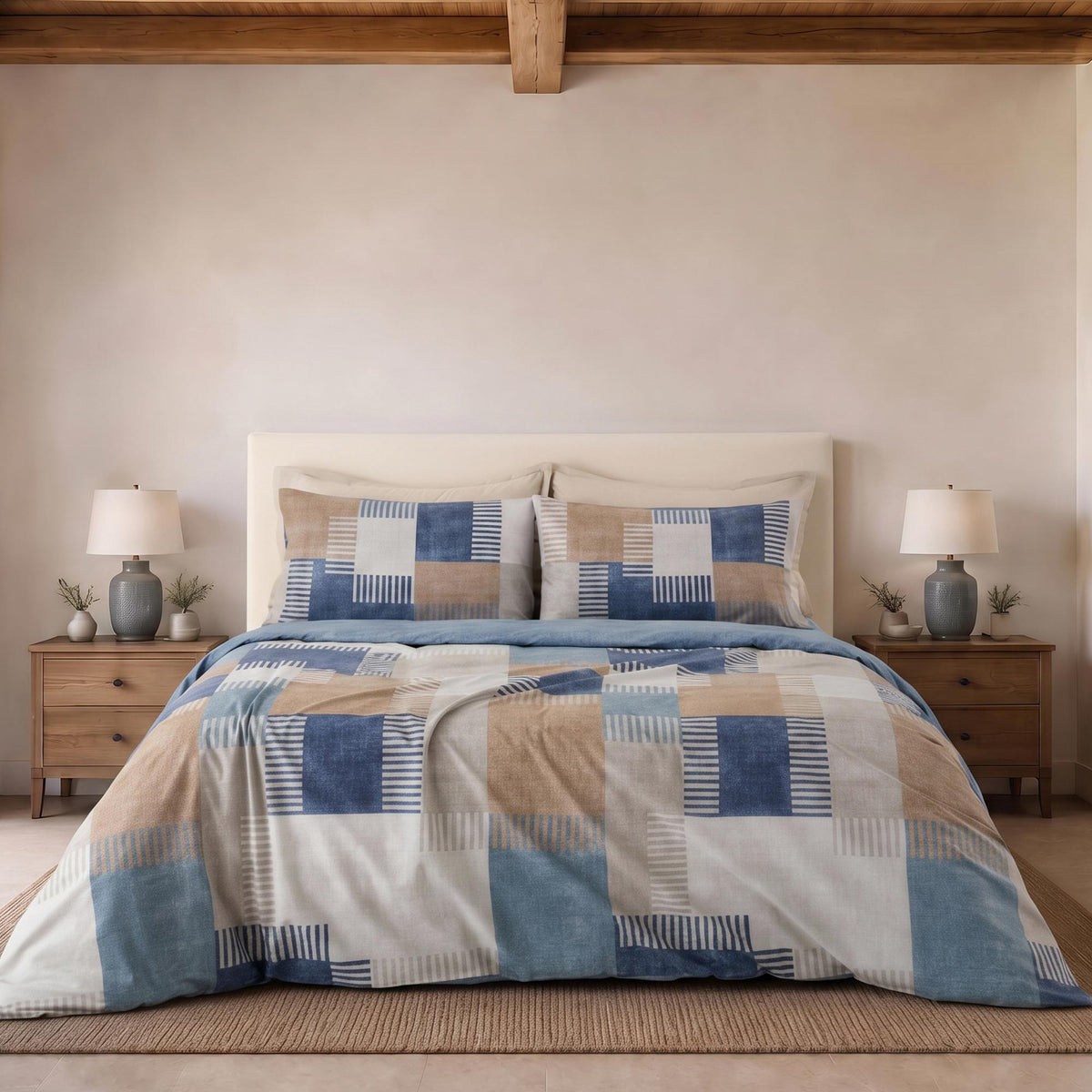Parure Copripiumino Cotone Stampato PARKER Letto Riviera Matrimoniale Azzurro Indaco