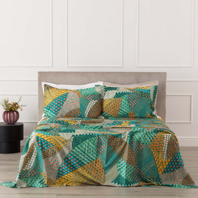 Completo Lenzuola Copriletto Percalle Stampato VALMA Letto Riviera Matrimoniale Turchese