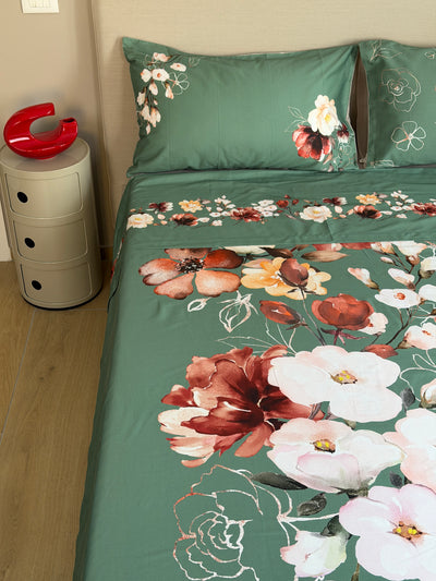 Parure Lenzuola Copriletto Raso 300TC FIORI SUL LETTO - VITTORIA Letto Moreali Tessile Casa