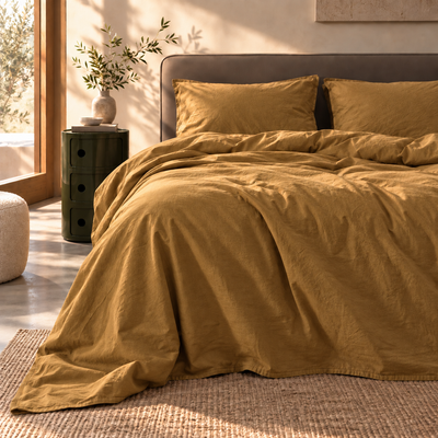 Parure Copripiumino Cotone No-Stiro ESSENZIALE Letto Moreali Tessile Casa Matrimoniale Senape