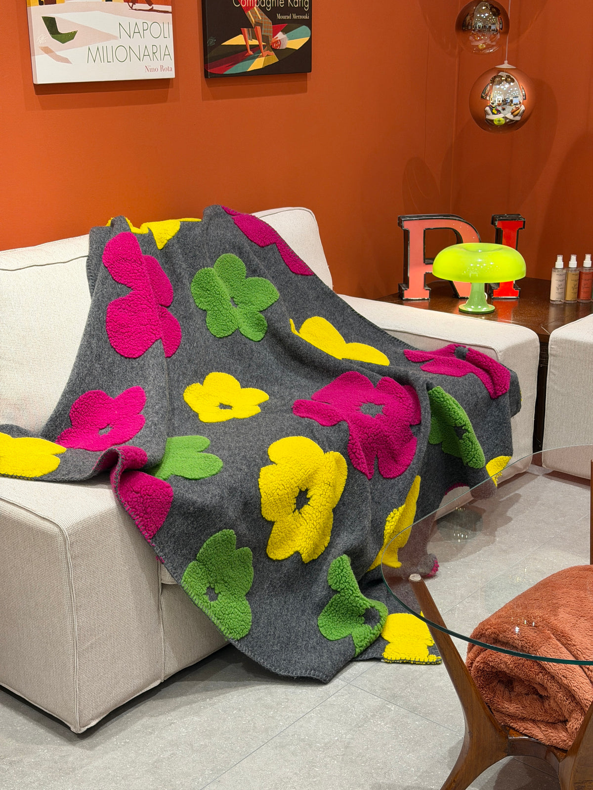Plaid Lana Cotta Italiana POP ART FLOWERS Soggiorno Moreali Tessile Casa Plaid 150 x 170 Grigio - Pistacchio/Orchidea/Giallo