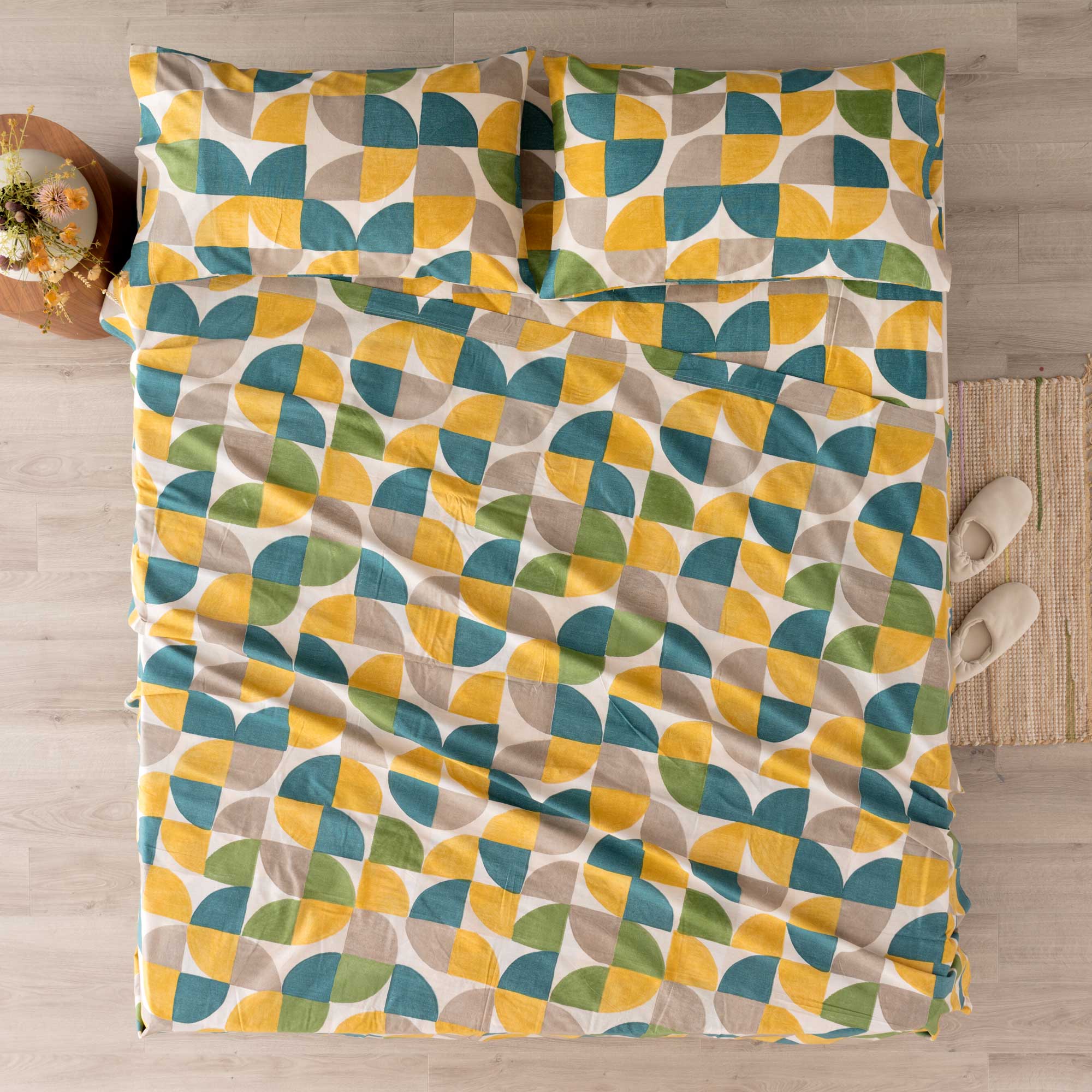 Completo Lenzuola Cotone Stampato Cassio Letto Riviera Matrimoniale Giallo Ambra