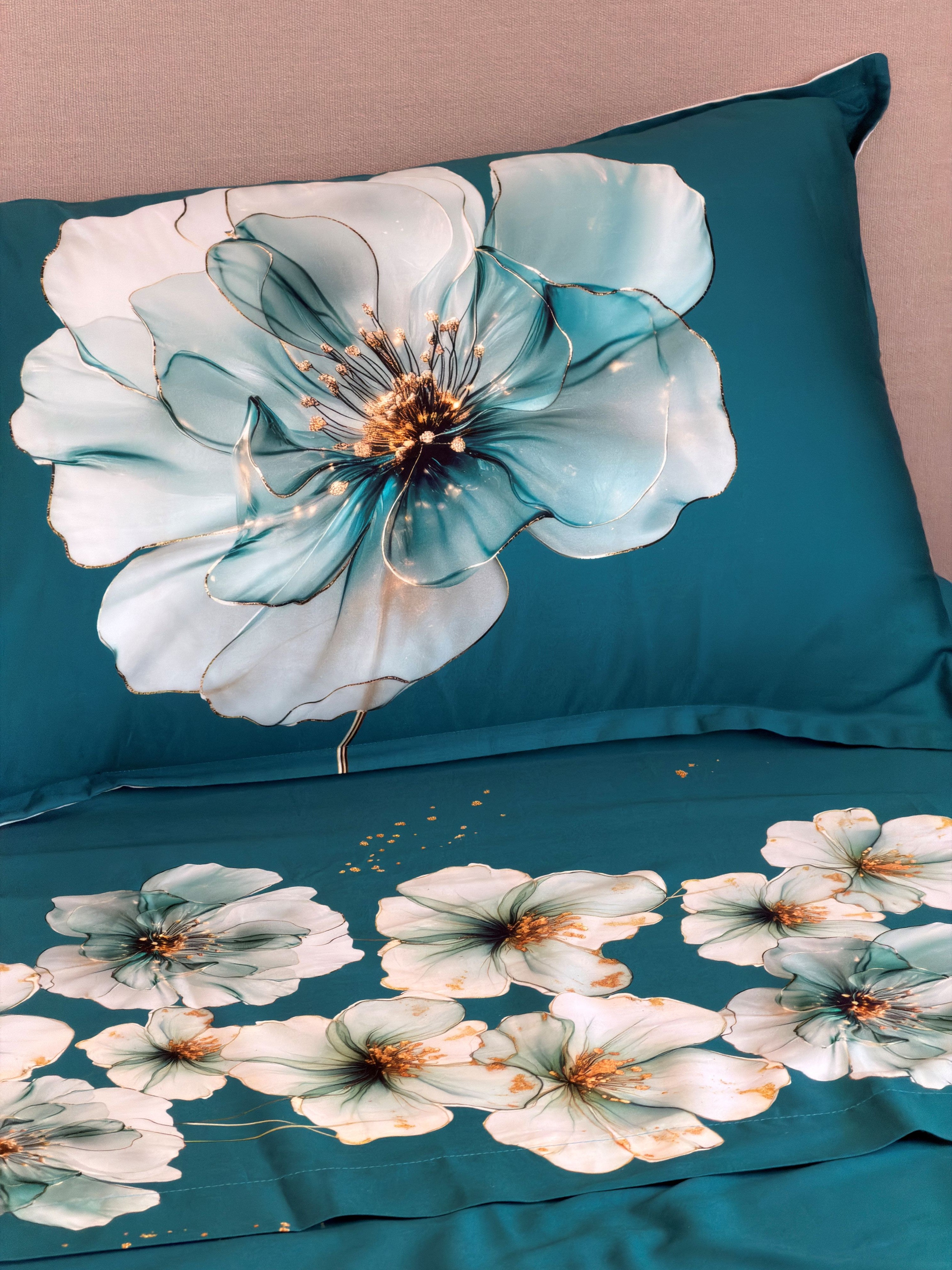 Parure Lenzuola Copriletto Raso 300TC FIORI SUL LETTO - OTTAVIA Letto Moreali Tessile Casa