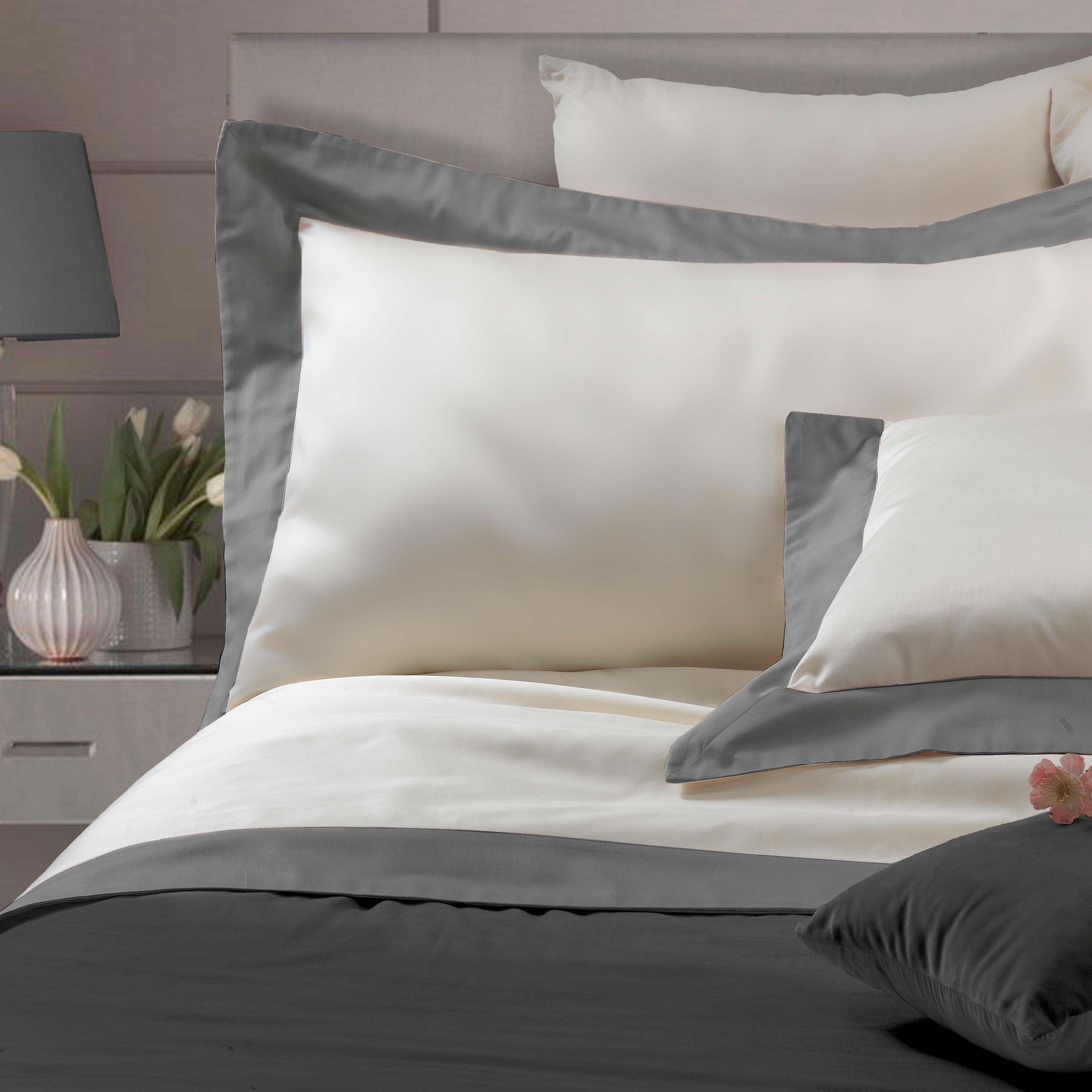 Parure Lenzuola Bordo Raso Luxury Letto Moreali Tessile Casa Matrimoniale Grigio