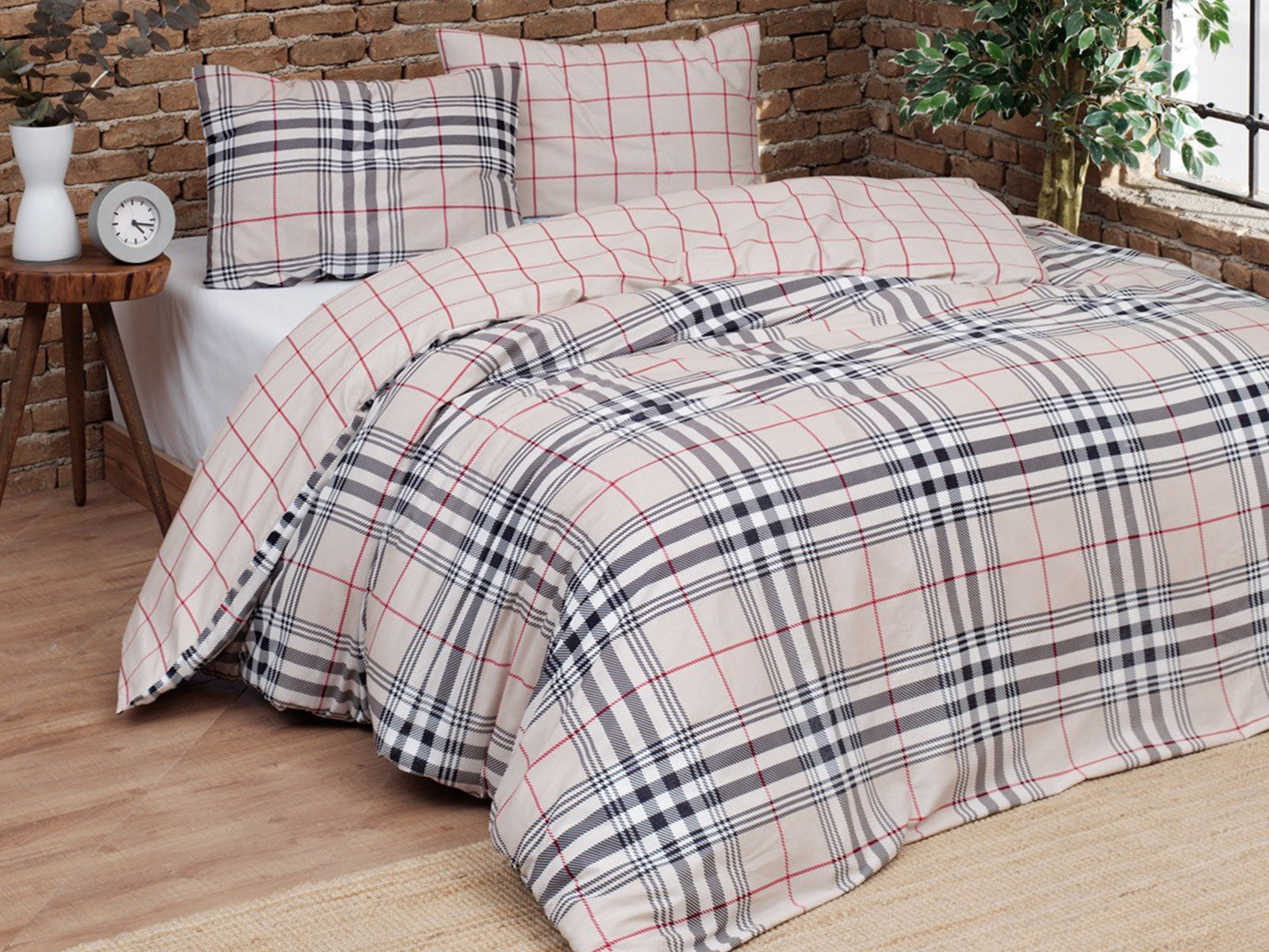 Parure Copripiumino Double Cotone Stampato NEUTRAL TARTAN Letto Daunex Matrimoniale Beige