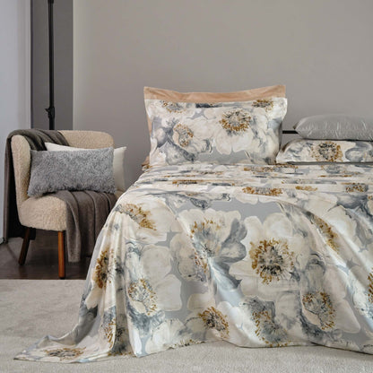 Completo Lenzuola Copriletto Raso 300TC Stampa Digitale Hellebro Letto Reevèr Matrimoniale Sabbia