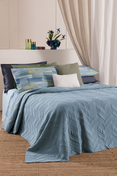 Trapuntino Ricamato Cotone Stone Washed ALCIS Letto Riviera Matrimoniale 260 x 270 Azzurro Polvere