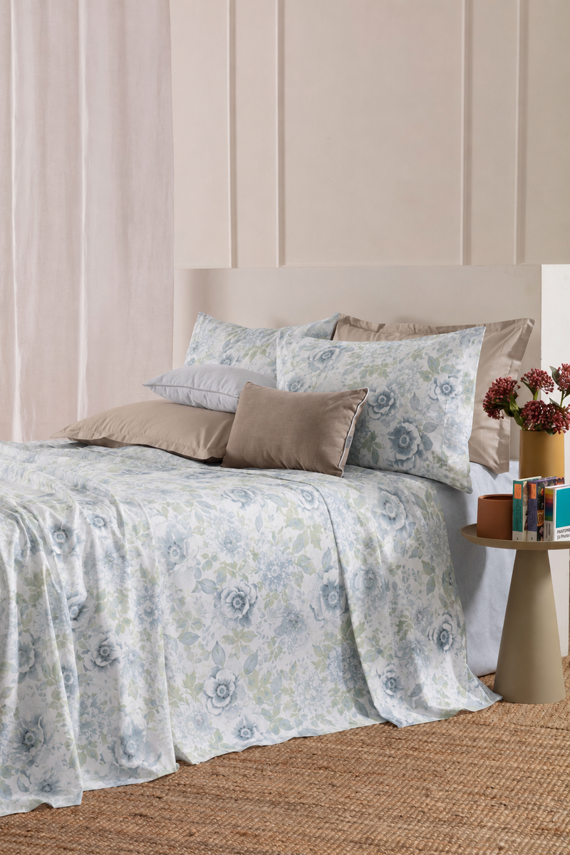 Completo Lenzuola Copriletto Cotone Stampato AMARIS Letto Riviera Matrimoniale Avio