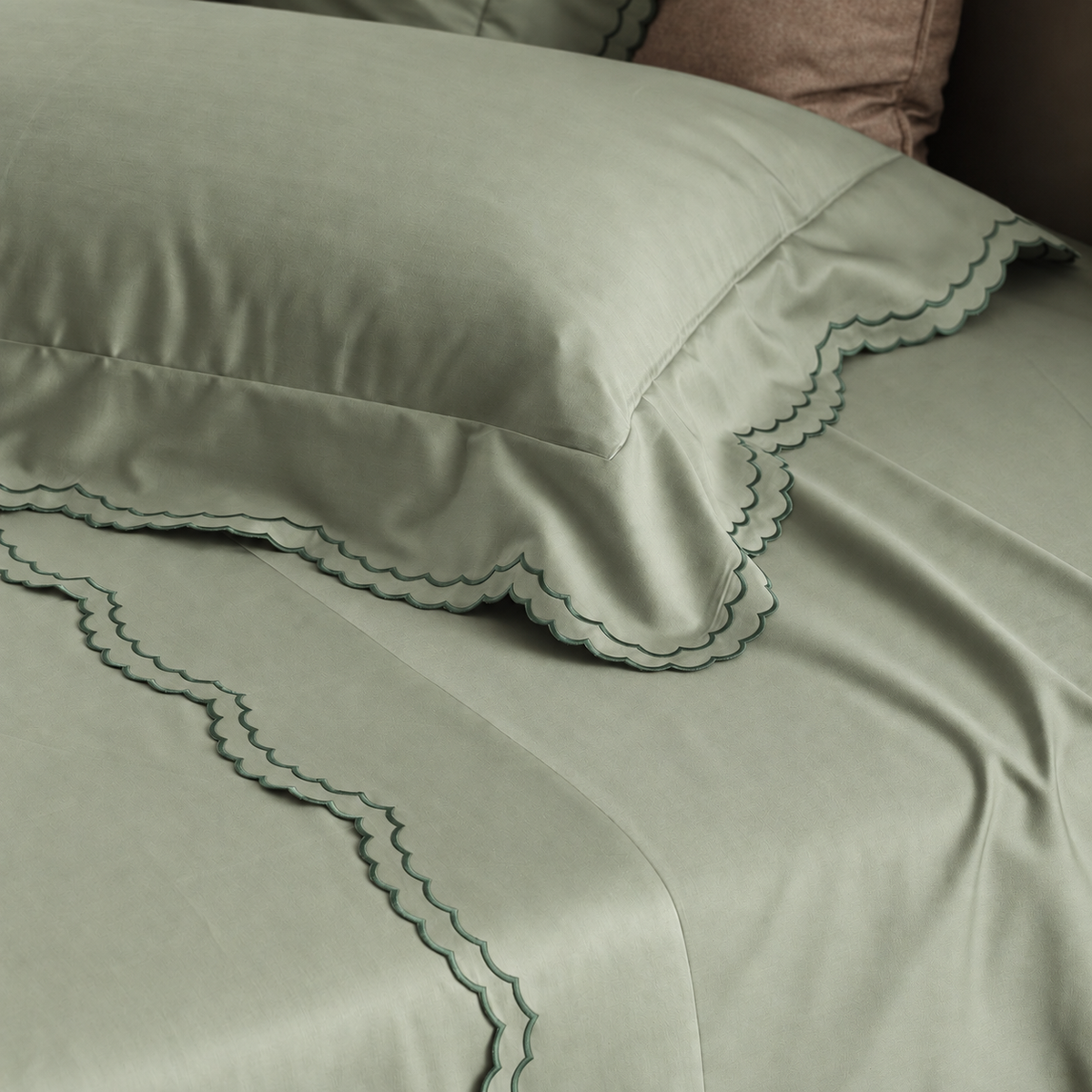 Parure Lenzuola Percalle Ricamato Hotellerie - MERLETTO Letto Moreali Tessile Casa Matrimoniale Salvia/Verde