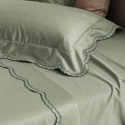 Parure Lenzuola Percalle Ricamato Hotellerie - MERLETTO Letto Moreali Tessile Casa Matrimoniale Salvia/Verde