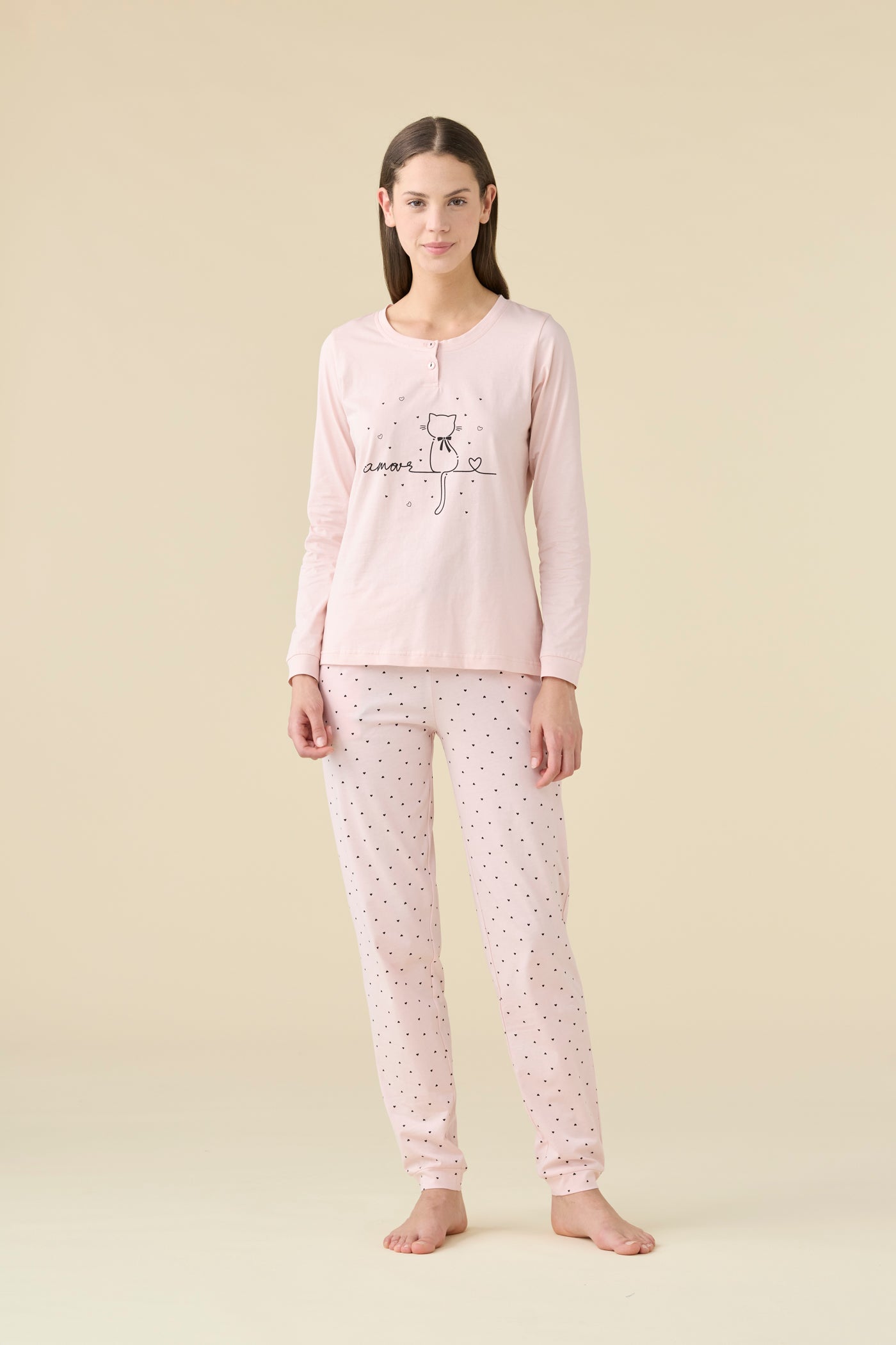 Pigiama Donna Lungo Cotone Amour Cat Abbigliamento Moreali Tessile Casa XS Rosa