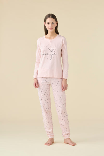Pigiama Donna Lungo Cotone Amour Cat Abbigliamento Moreali Tessile Casa XS Rosa