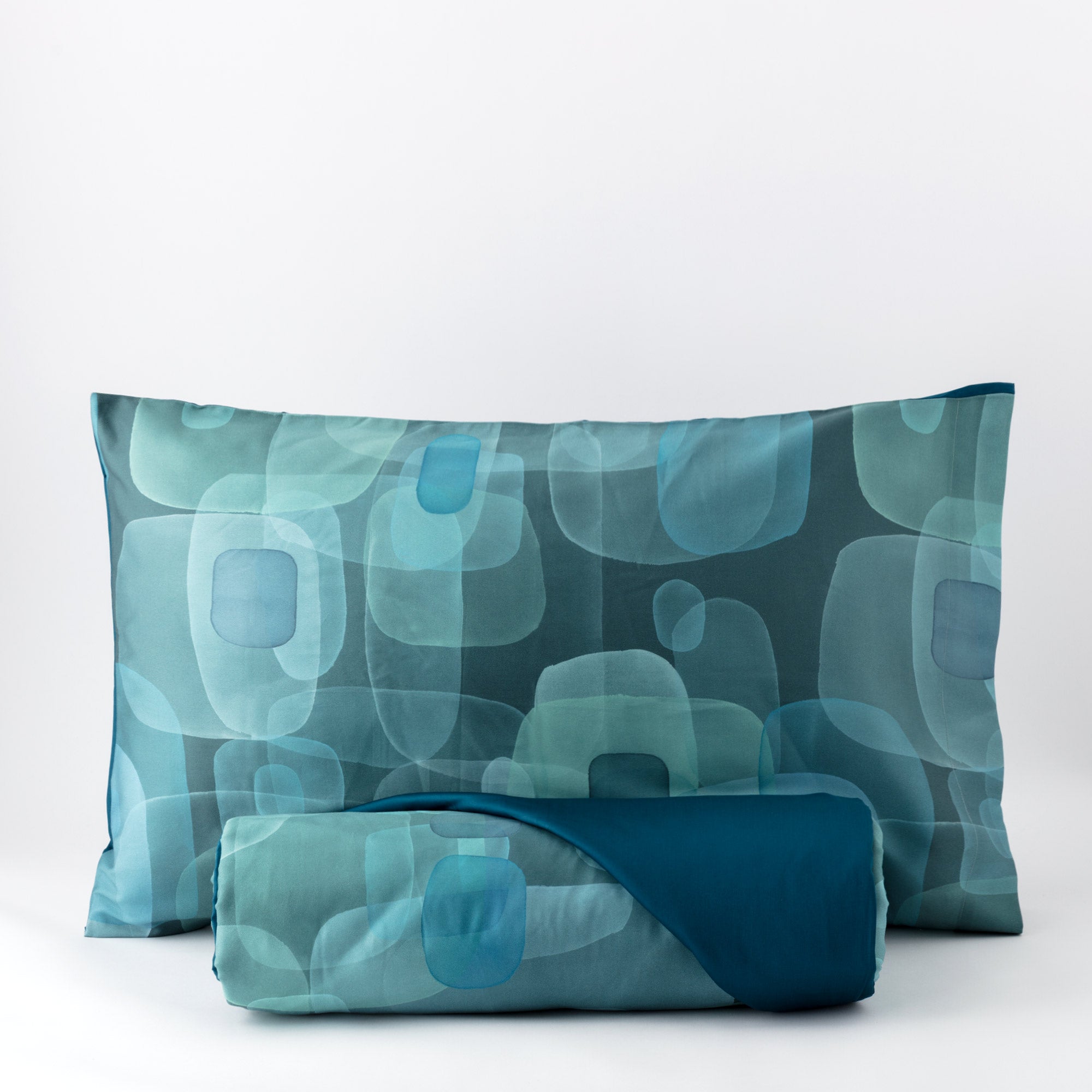 Completo Lenzuola Copriletto Raso 300TC Stampa Digitale Aqua Letto Reevèr Matrimoniale Acquamarina