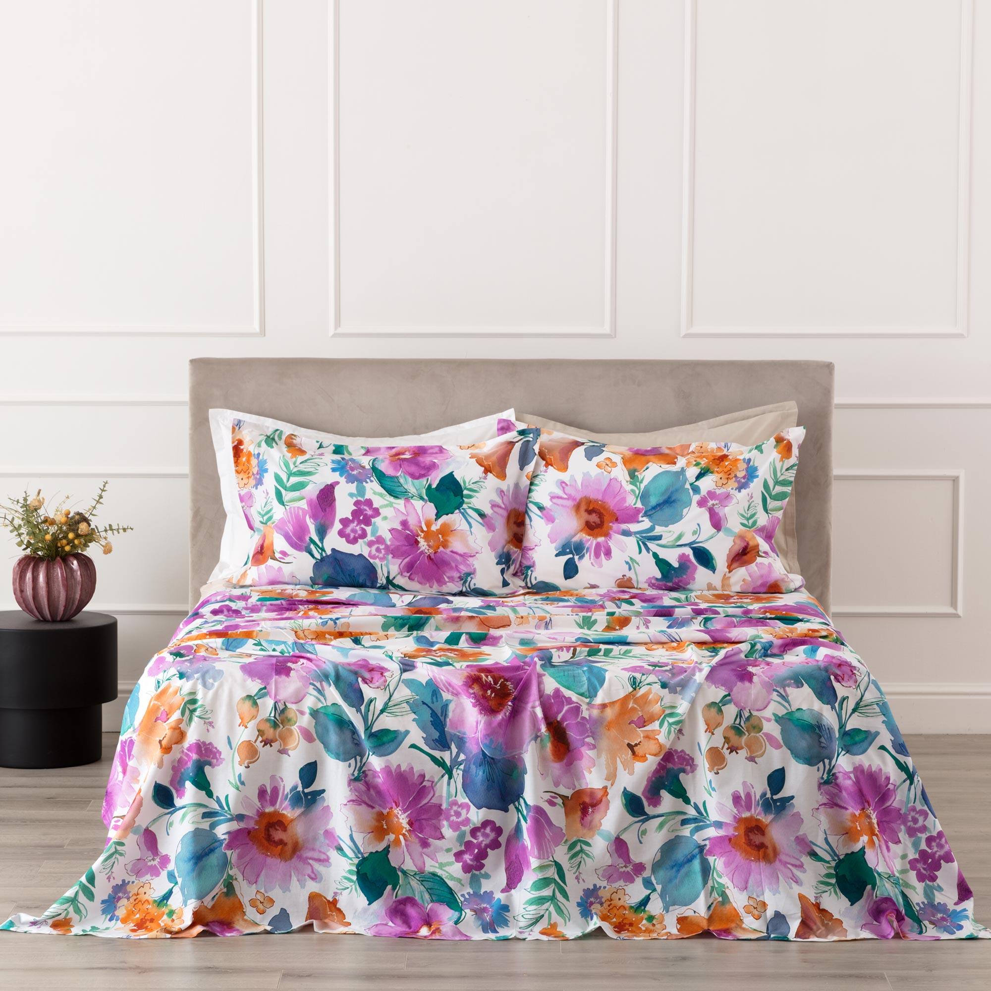 Completo Lenzuola Copriletto Percalle Stampato MELIKA Letto Riviera Matrimoniale Orchidea