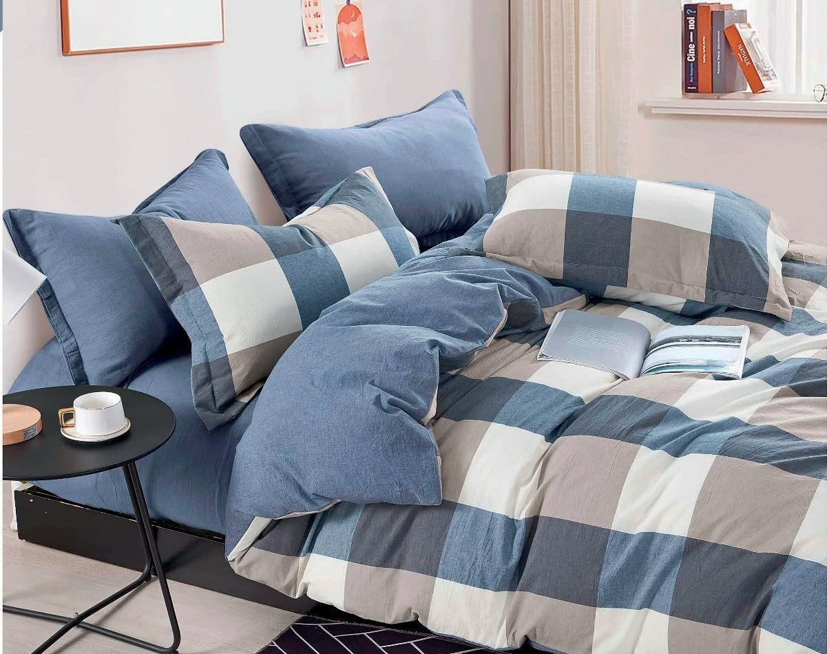 Parure Copripiumino Tinto Filo BLUE SQUARES Letto Ferrari Matrimoniale Denim