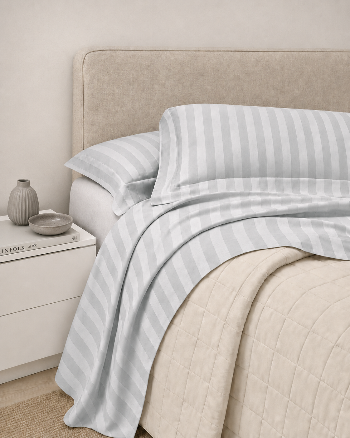 Completo Lenzuola Riga Raso Cotone HOTELLERIE Letto Moreali Tessile Casa Matrimoniale Grigio Perla