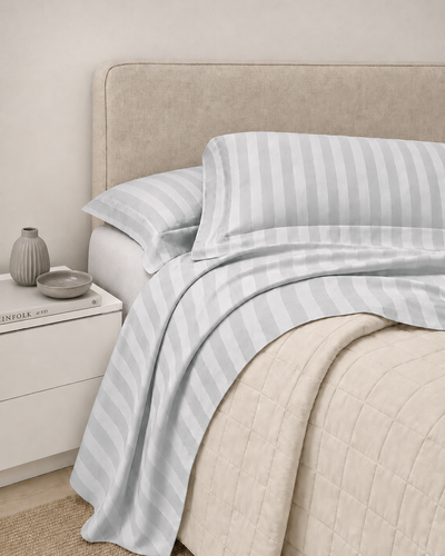 Completo Lenzuola Riga Raso Cotone HOTELLERIE Letto Moreali Tessile Casa Matrimoniale Grigio Perla