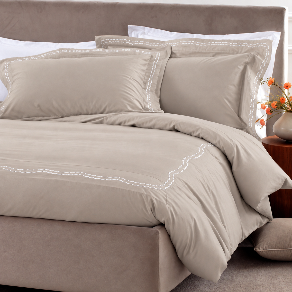 Parure Copripiumino Percalle Ricamato Hotellerie - MERLETTO Letto Moreali Tessile Casa Matrimoniale Deserto/Bianco