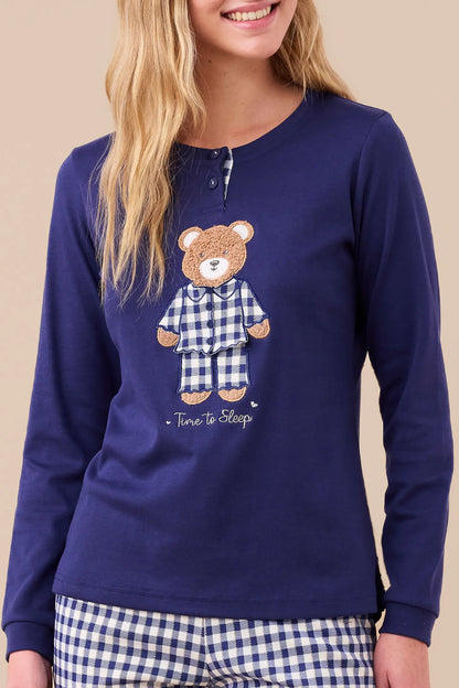 Pigiama Donna Caldo Cotone Orsetto Blu Abbigliamento noidinotte