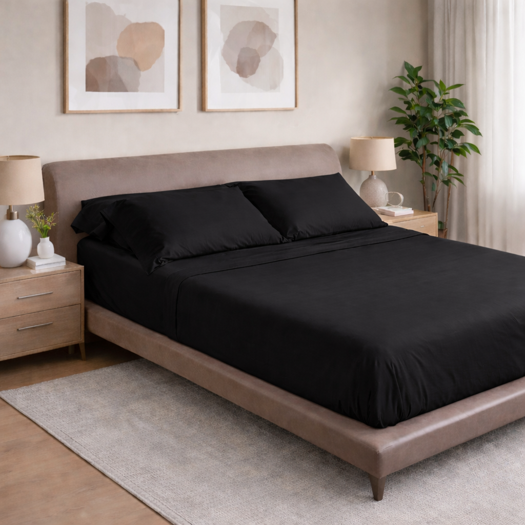 Completo Lenzuola Raso Satin Elegance Letto Moreali Tessile Casa Matrimoniale Nero