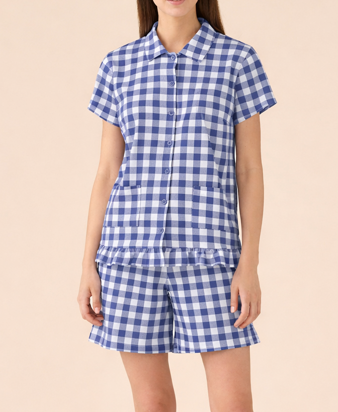 Pigiama Corto Donna Cotone Vichy Abbigliamento Moreali Tessile Casa XS Blu