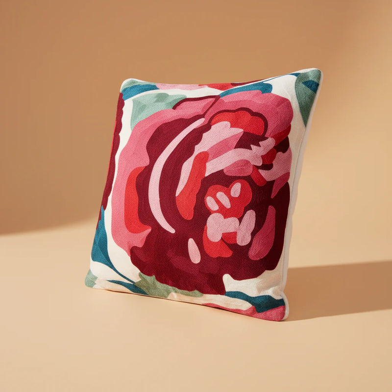 Cuscino Arredo 100% Cotone Ricamato BIG ROSE Soggiorno Moreali Tessile Casa 50 x 50 Multicolor