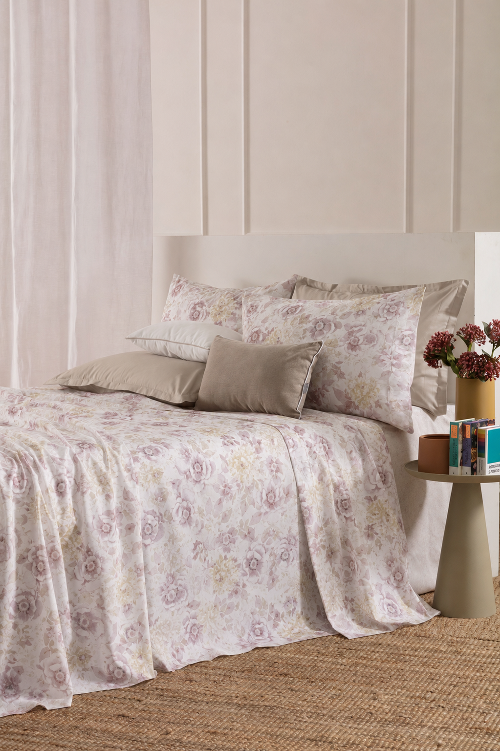 Completo Lenzuola Cotone Stampato AMARIS Letto Riviera Matrimoniale Malva