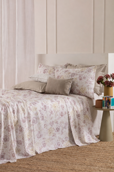Completo Lenzuola Copriletto Cotone Stampato AMARIS Letto Riviera Matrimoniale Malva